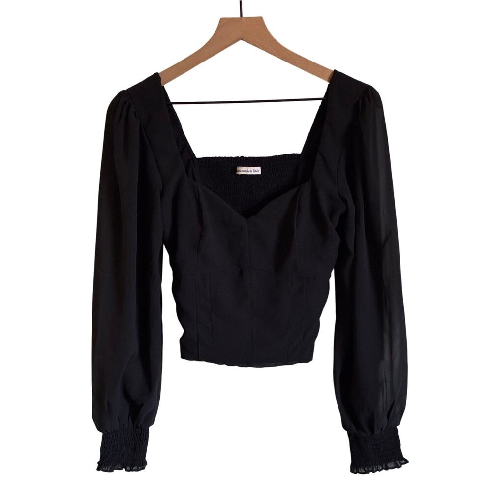 Abercrombie & Fitch Black Sheer Sleeve Smocked Sweetheart Crop Top, Size M